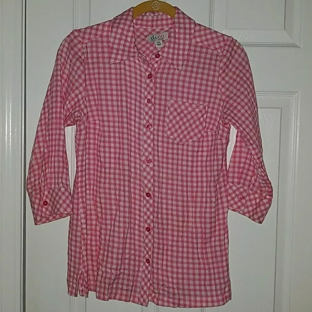 Denim & Company pink white button down Sz. XXS.